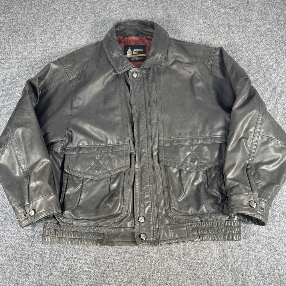 Vintage London Fog Black Leather Jacket Quilted Lined XL Y2K Grunge 90s 80s
